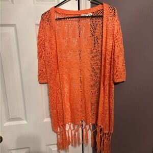 Orange Crochet Open-Front Cardigan